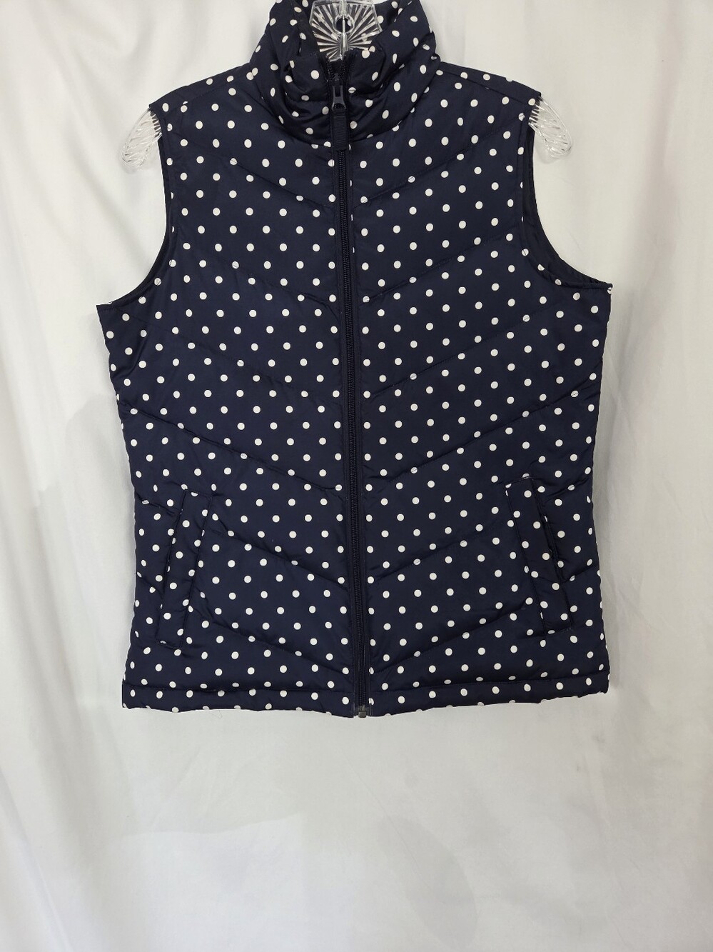 Lands' End Navy White Polka Dot Quilted Down Vest Size XS